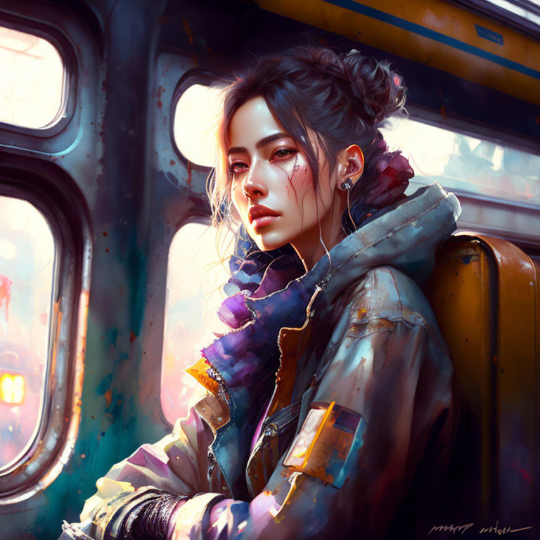 Young woman in headphones on sunlit bus with vibrant colors