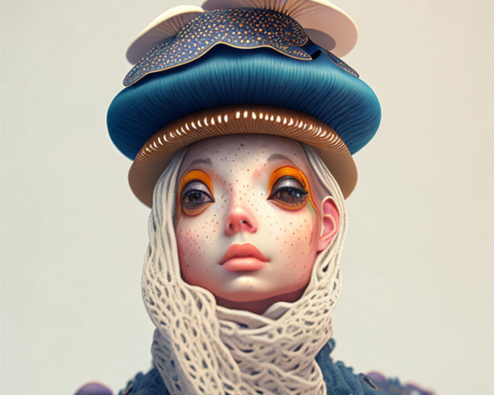 Stylized digital artwork of a female figure with oversized eyes and mushroom cap hat