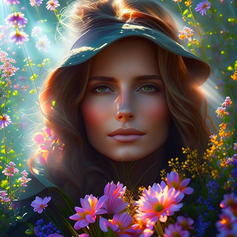 Woman with Striking Eyes in Green Hat Surrounded by Vibrant Flowers