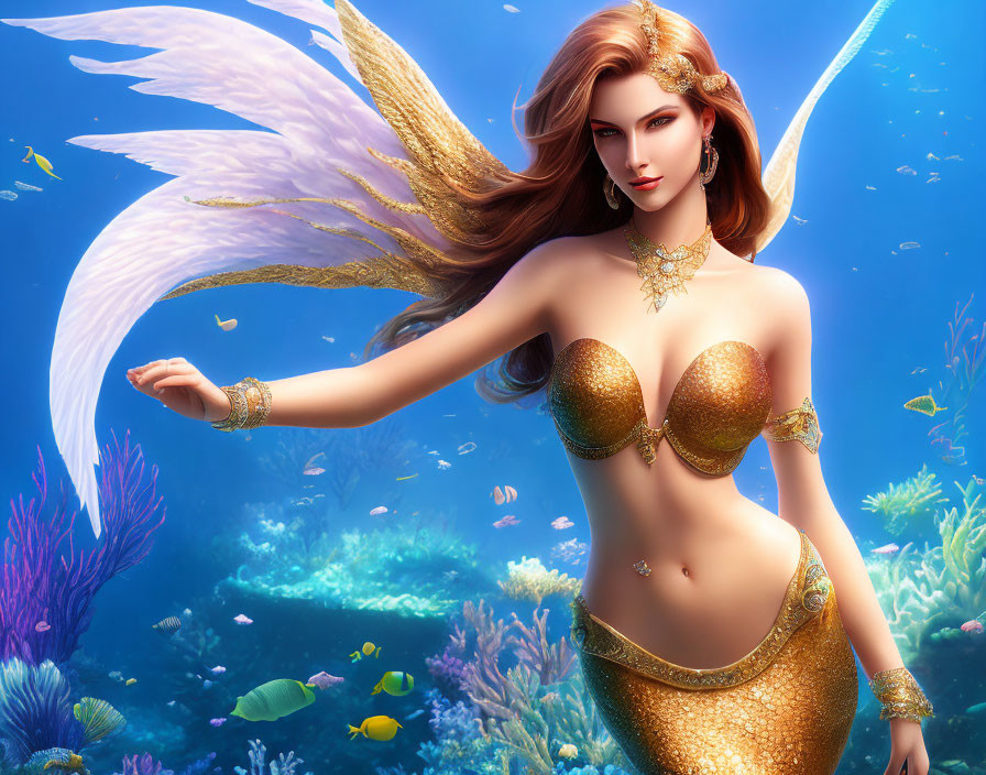 Digital artwork of golden mermaid with wings, underwater among coral and fish