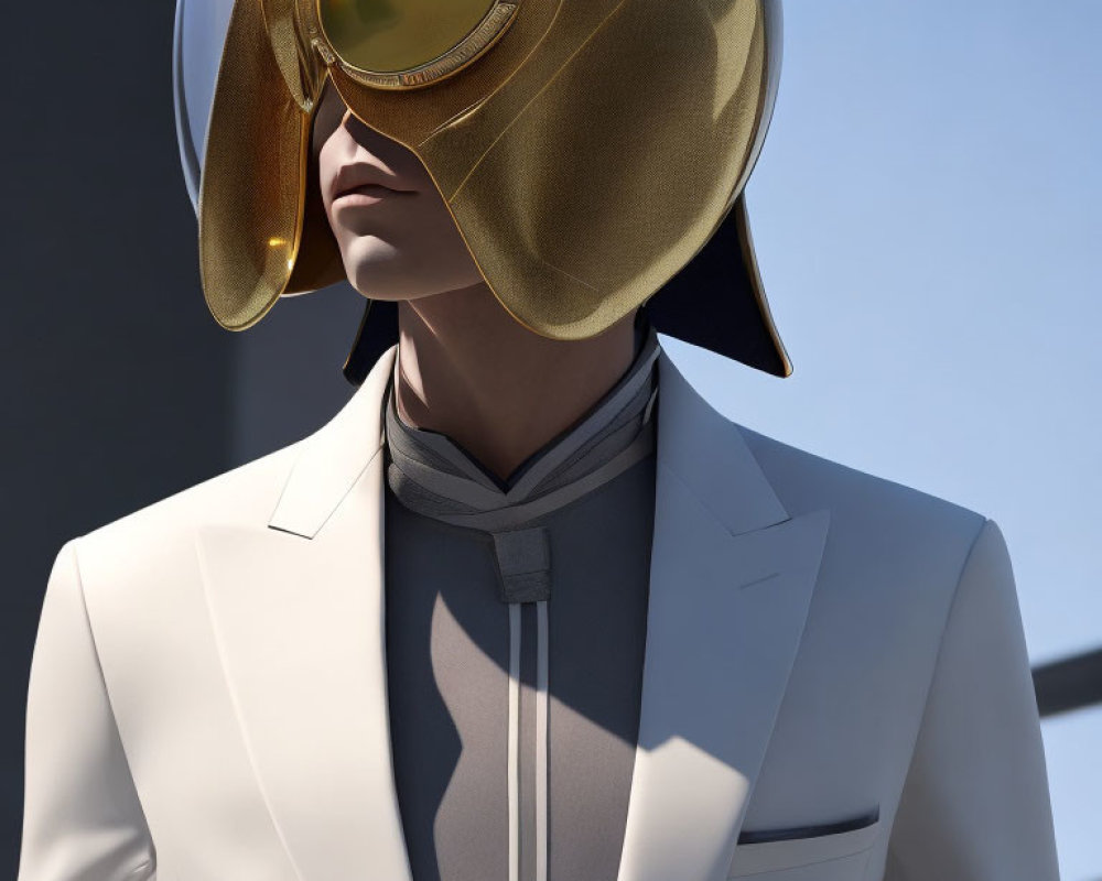 Stylish person in white suit with futuristic golden helmet on neutral background