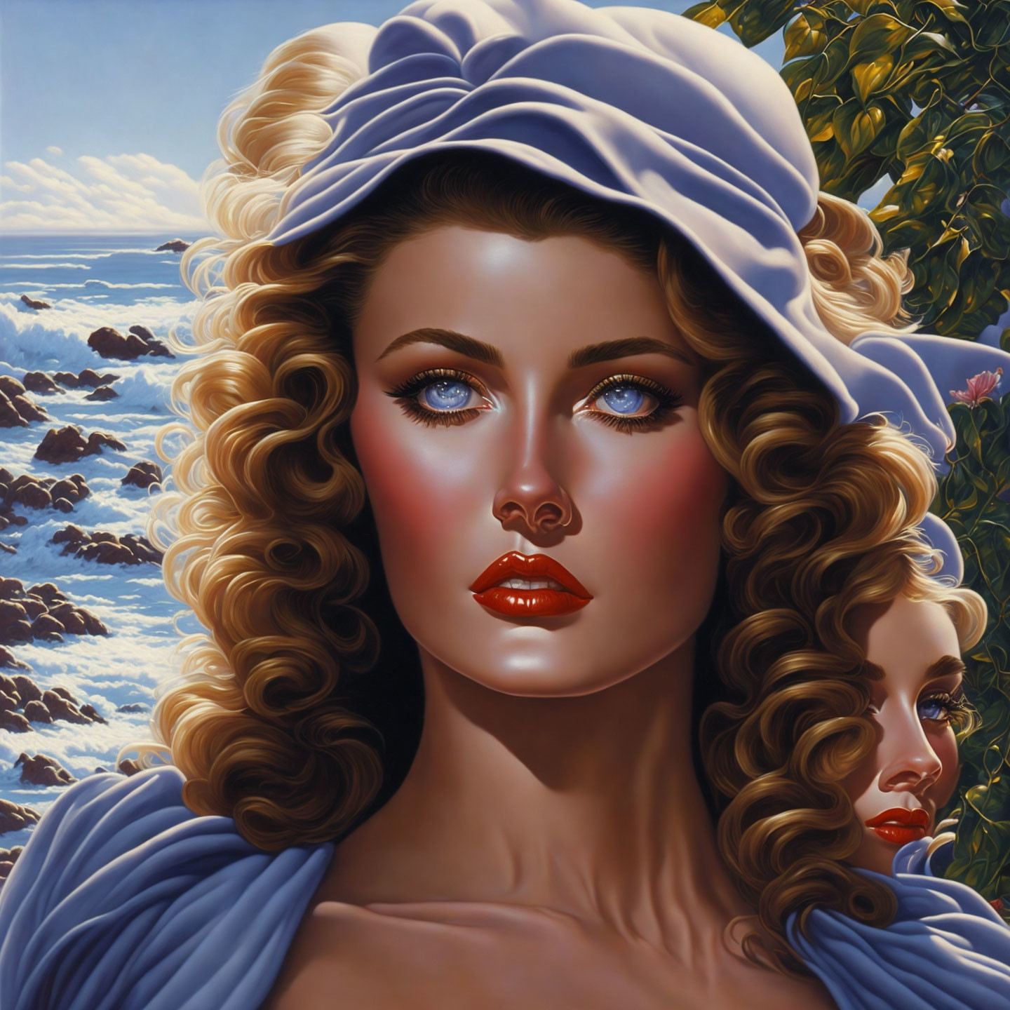 Illustrated portrait of woman with curly hair and blue attire against coastal backdrop