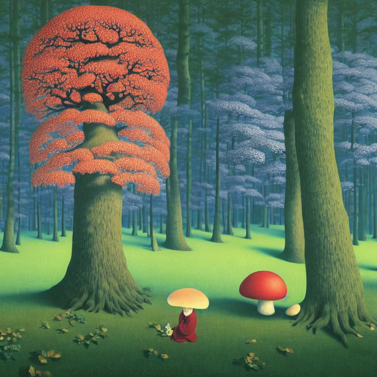 Surreal forest scene with giant mushroom, person, and autumnal tree