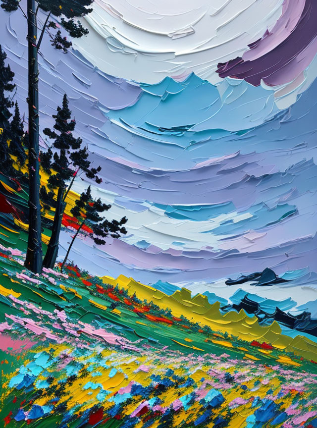 Colorful Flower Field Landscape Painting with Trees and Blue Skies