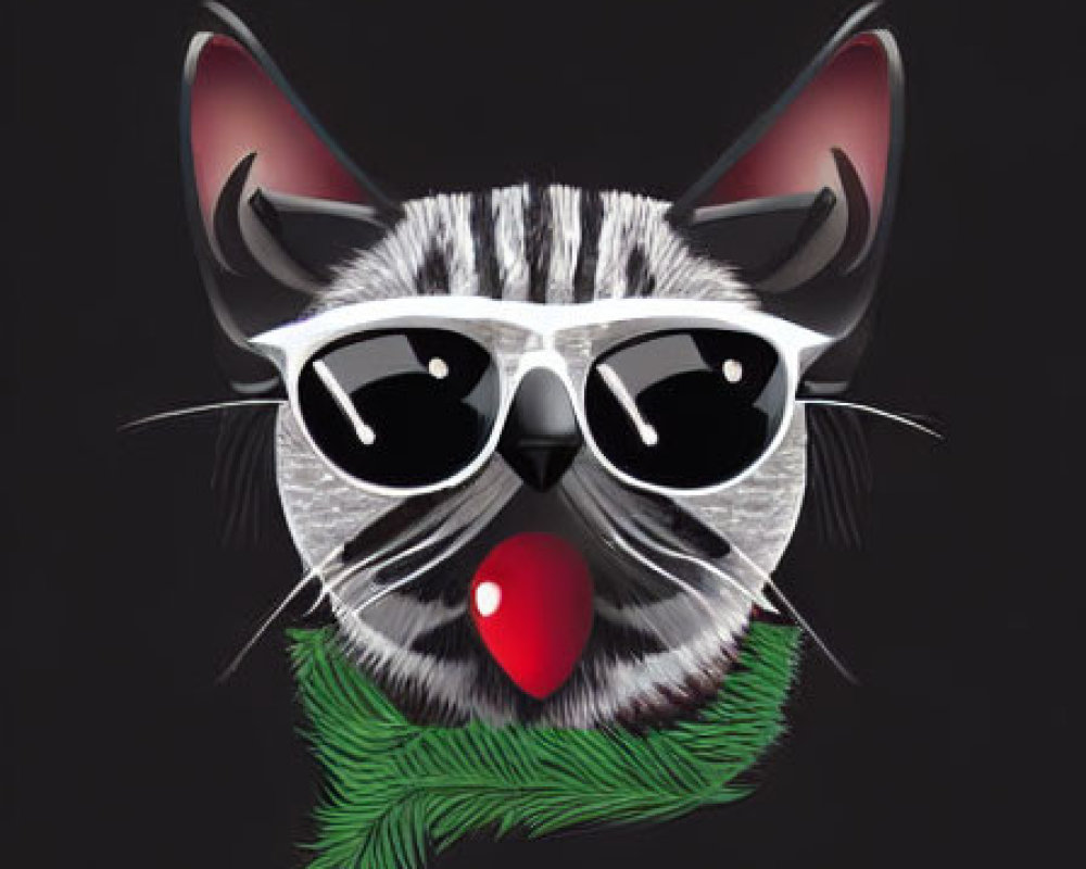 Cat face with red clown nose, sunglasses, and green scarf on black background