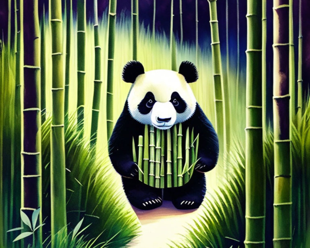 Illustration of panda in bamboo forest with glowing backdrop