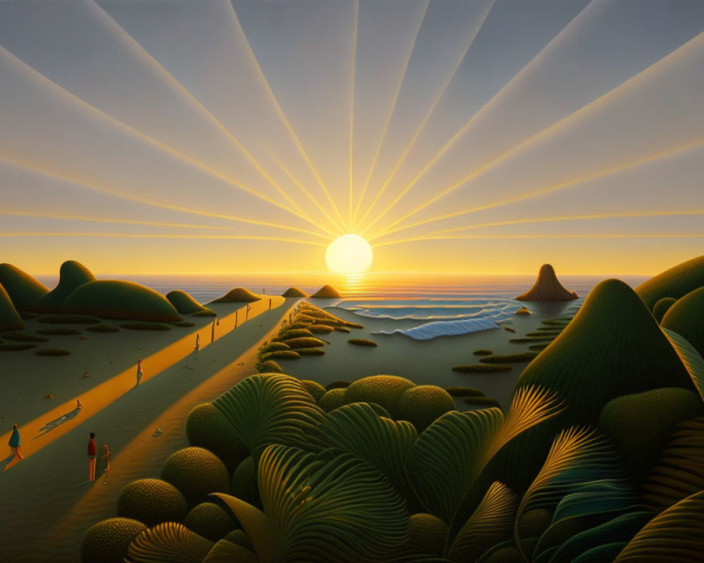 Surreal landscape with green hills, sunset over ocean, people on path