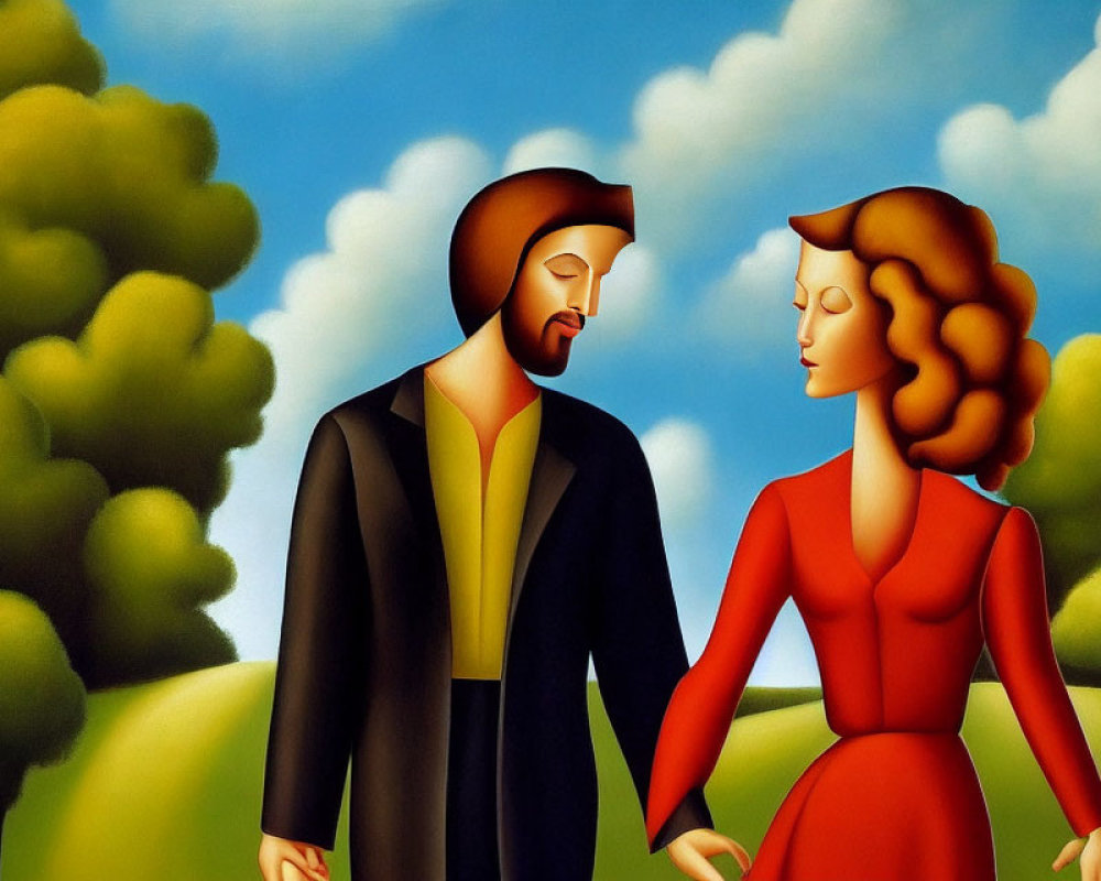 Abstract painting of man and woman holding hands in surreal landscape