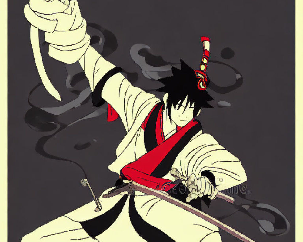 Animated Samurai Character in Traditional Attire with Katana and Black Smoke