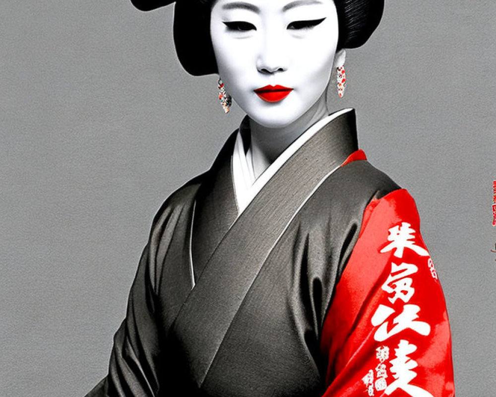 Traditional Japanese Geisha in White Makeup and Grey Kimono