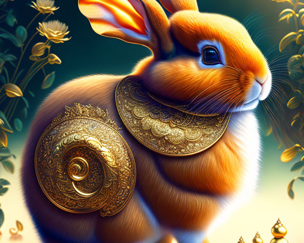 Golden-brown bunny with intricate golden patterns in floral setting