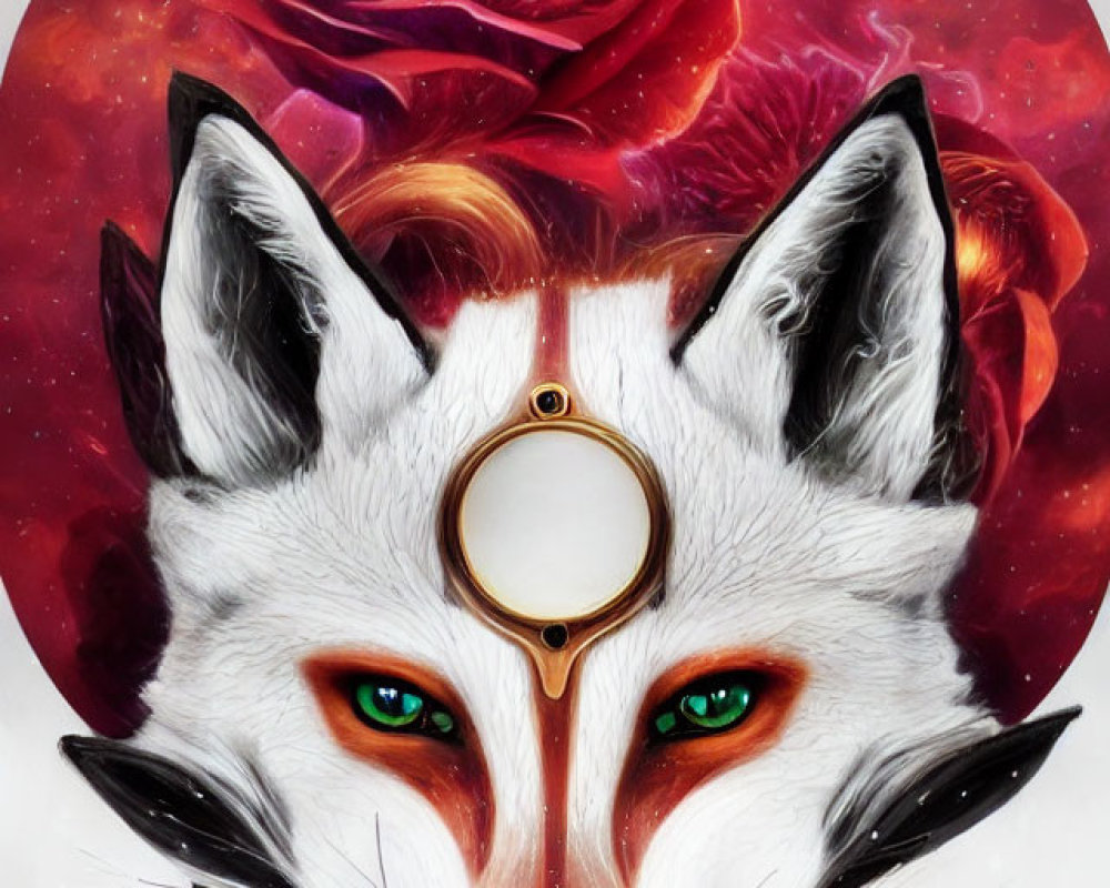 Vibrant Fox Head Artwork with Green Eyes and Cosmic Background