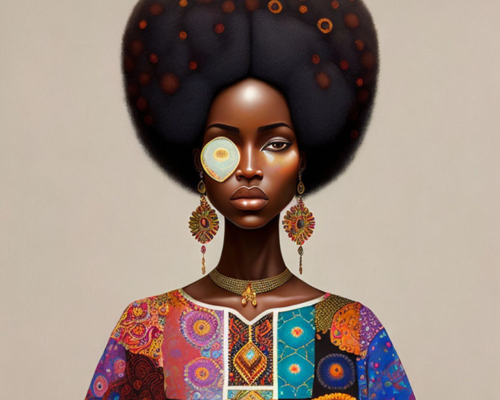 Detailed illustration of woman with elaborate afro hairstyle and colorful attire.