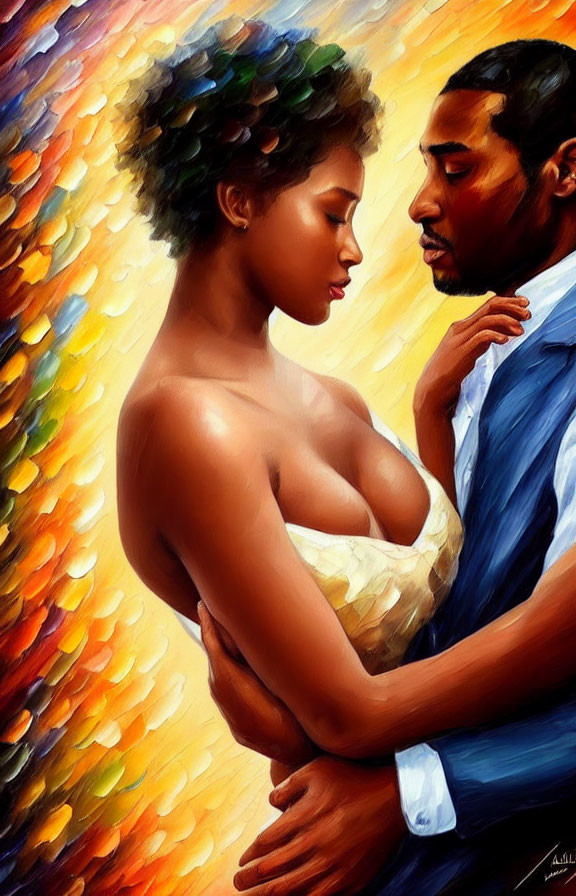 Romantic painting of couple in embrace with vibrant background