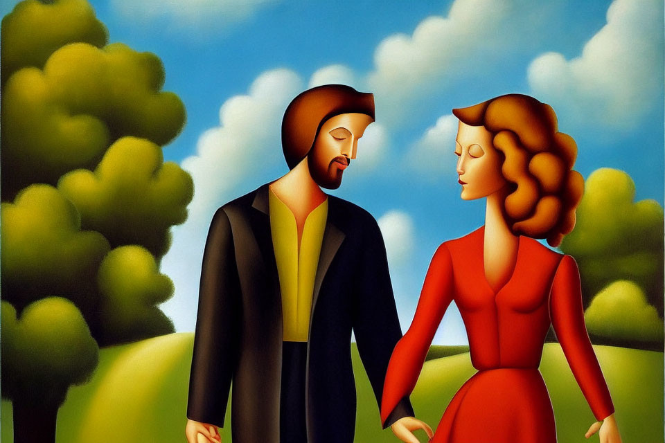 Abstract painting of man and woman holding hands in surreal landscape