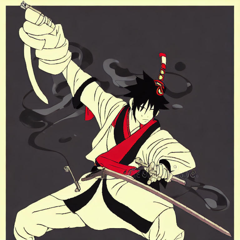 Animated Samurai Character in Traditional Attire with Katana and Black Smoke