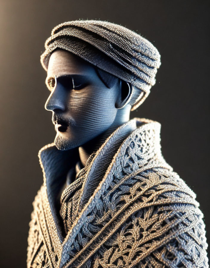 Detailed 3D-printed bust with intricate layers and dramatic lighting