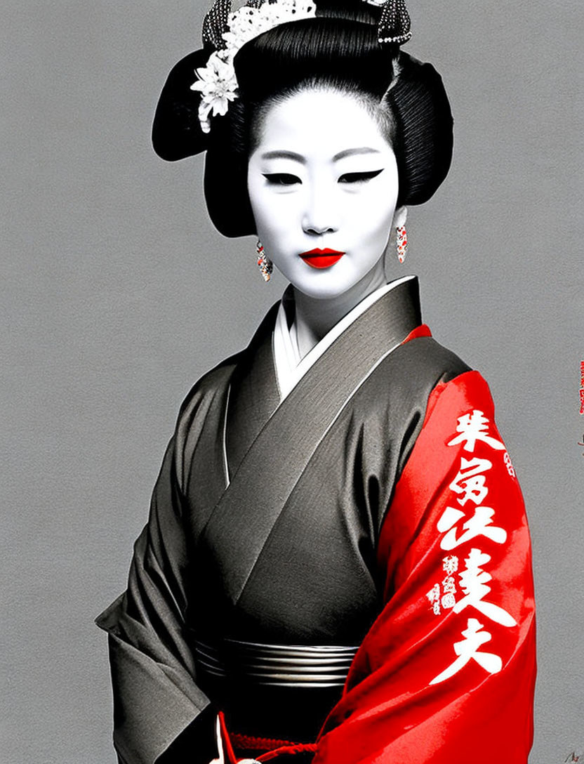 Traditional Japanese Geisha in White Makeup and Grey Kimono