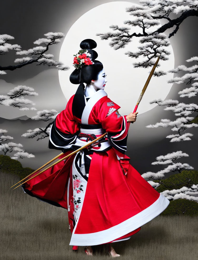 Traditional red and white kimono with elaborate hairstyle against monochromatic backdrop