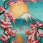 Stylized Mount Fuji with cherry blossoms, torii gate, cranes at sunrise