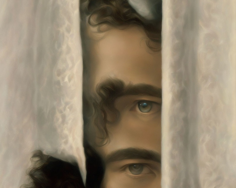 Curly-Haired Person Peeking Through Curtain