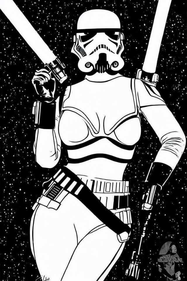 Monochrome female Stormtrooper with lightsabers on starry backdrop