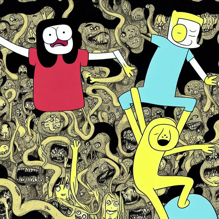 Colorful Adventure Time characters Finn and Jake floating above a sea of expressive faces and serpentine forms