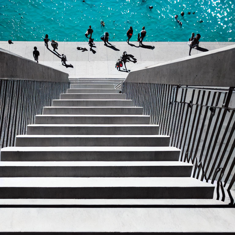 Modern staircase overlooking urban area with people by water