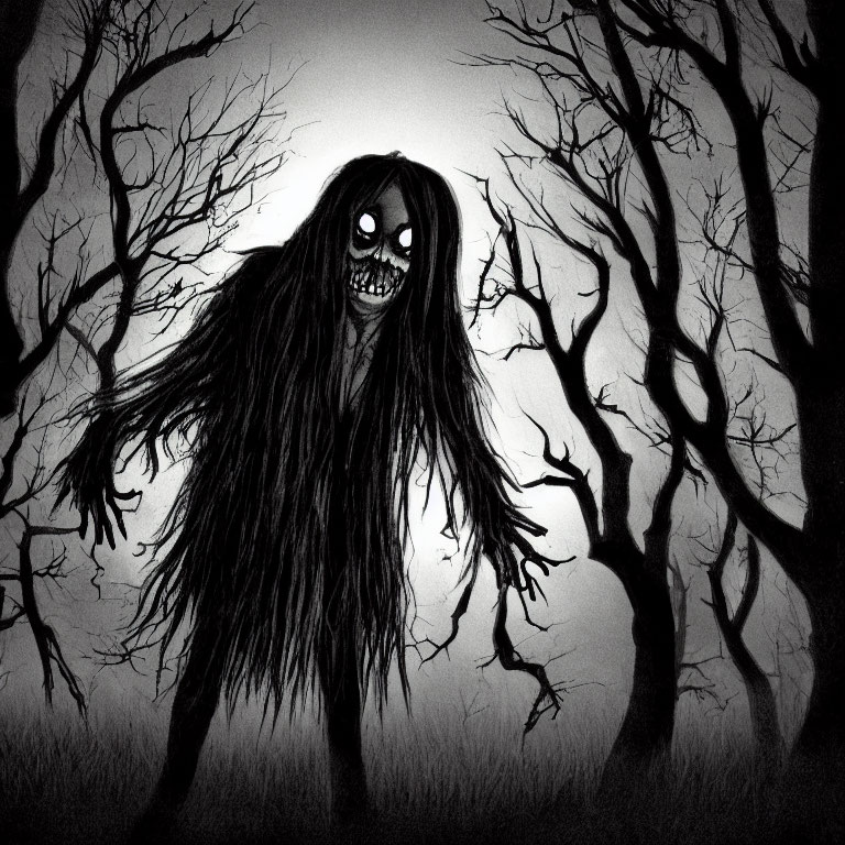 Monochrome illustration of eerie creature in dark forest