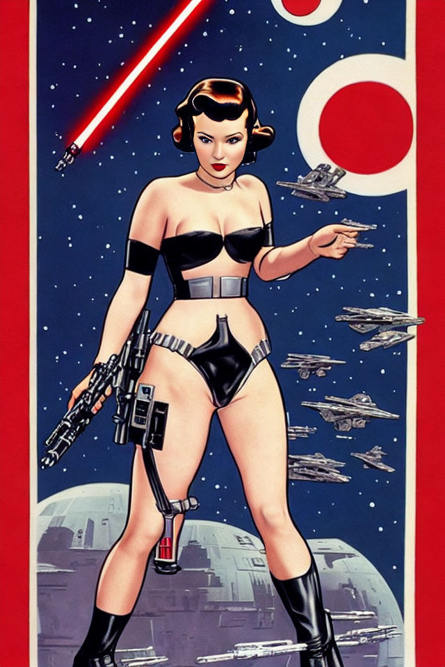 Female sci-fi character in black outfit with blaster and red lightsaber beam, surrounded by spaceships