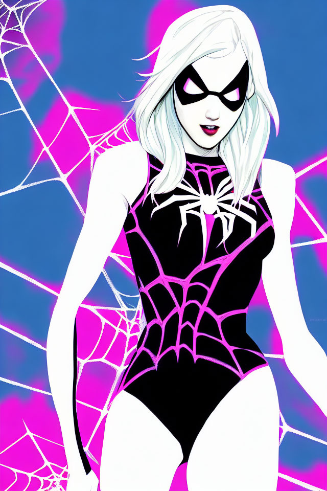 Female superhero with black and white costume and spider emblem on blue and pink webbed background