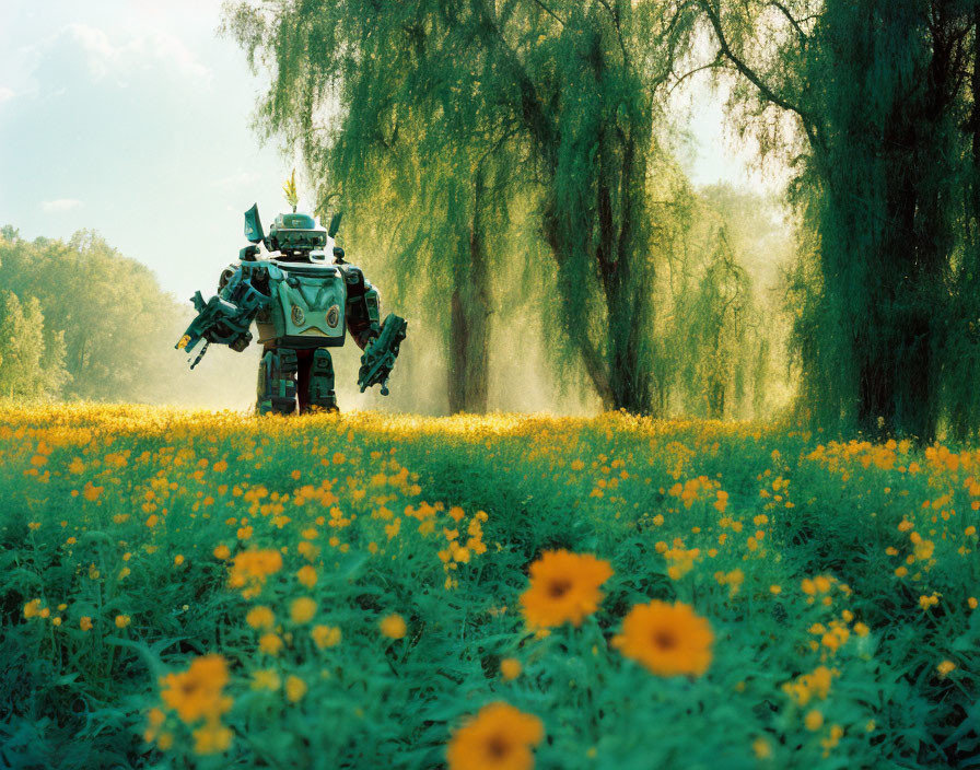 Toy soldier robot in vibrant field with yellow flowers and lush green trees