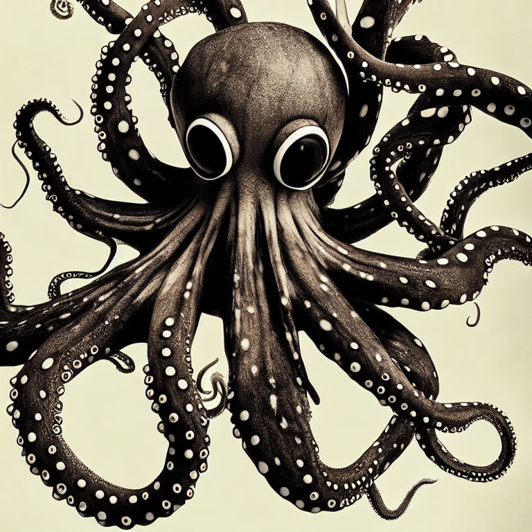 Detailed Monochrome Octopus Illustration with Cartoon-like Eyes