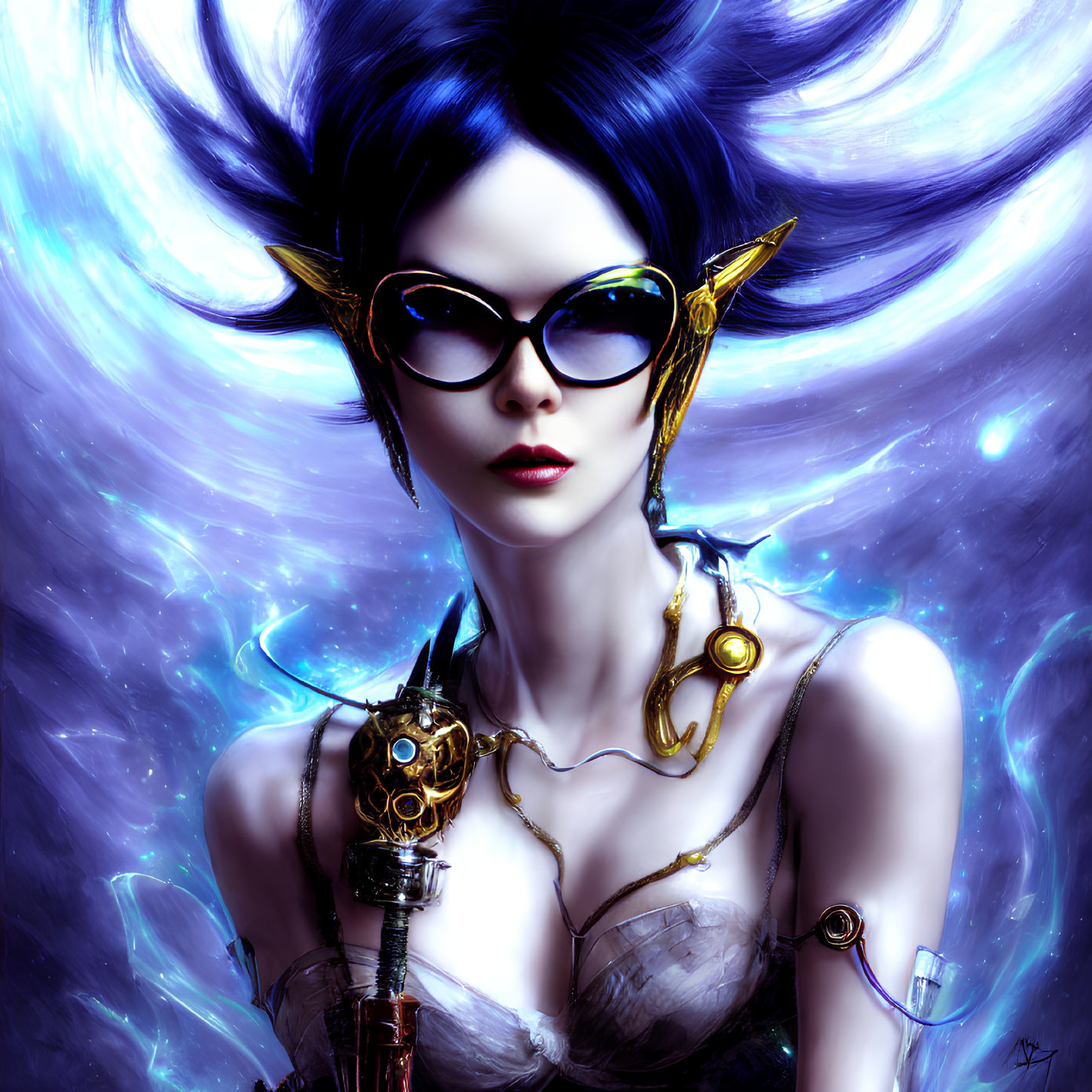 Illustrated character with blue hair, sunglasses, golden earrings, and steampunk necklace on cosmic backdrop