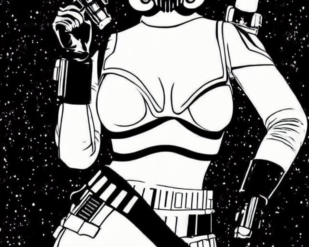 Monochrome female Stormtrooper with lightsabers on starry backdrop