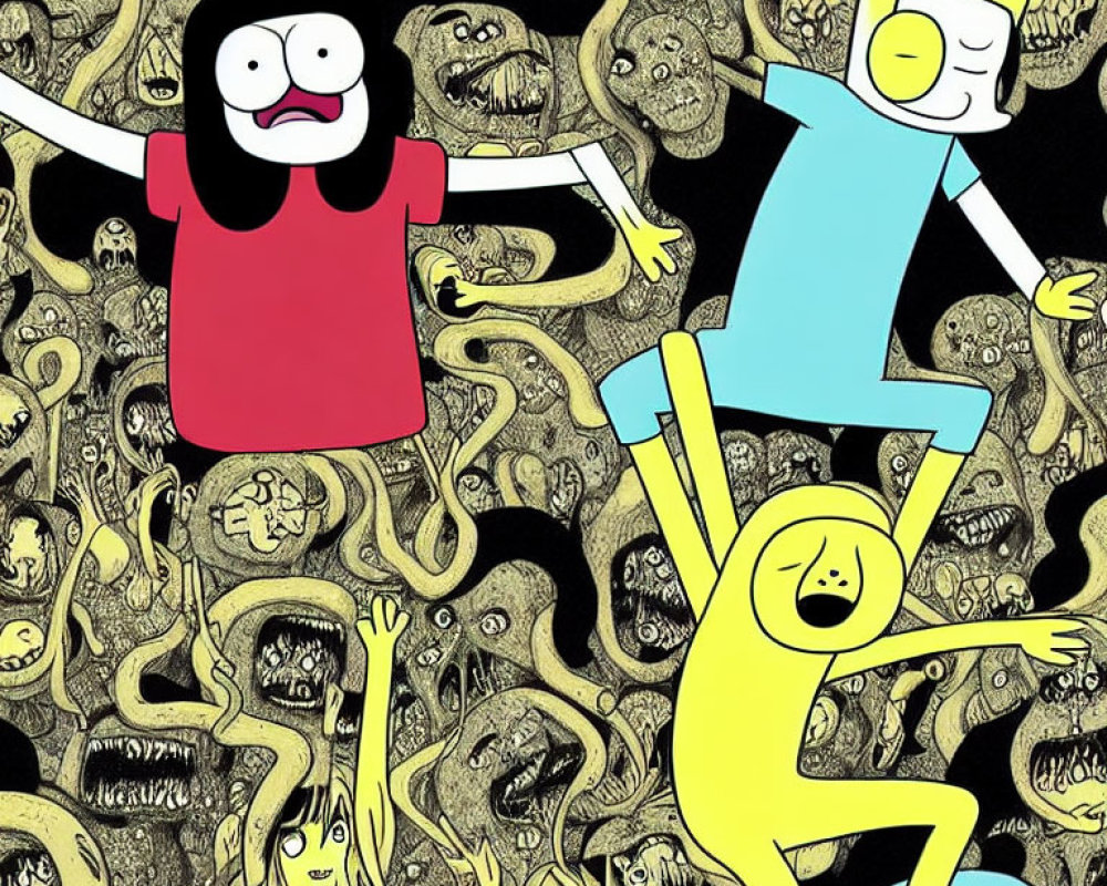 Colorful Adventure Time characters Finn and Jake floating above a sea of expressive faces and serpentine forms