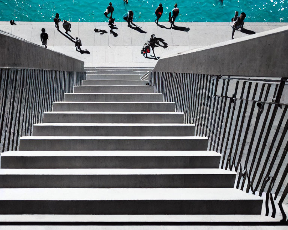 Modern staircase overlooking urban area with people by water