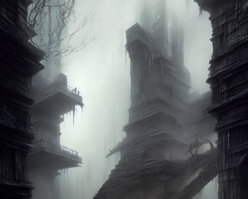 Abandoned multi-tiered structures in fog with lone figure on horseback