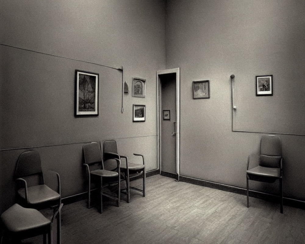 Monochrome photo of a bare waiting room with chairs, framed pictures, closed door, and wall lamp