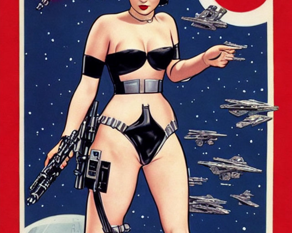 Female sci-fi character in black outfit with blaster and red lightsaber beam, surrounded by spaceships