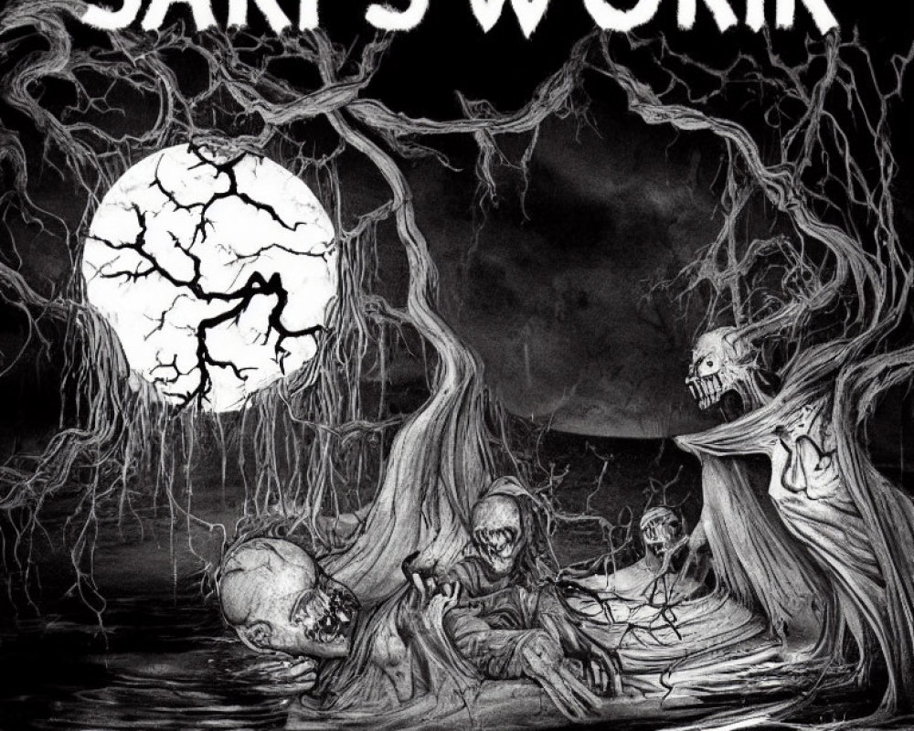 Monochrome illustration of skeletal figures in boat under full moon