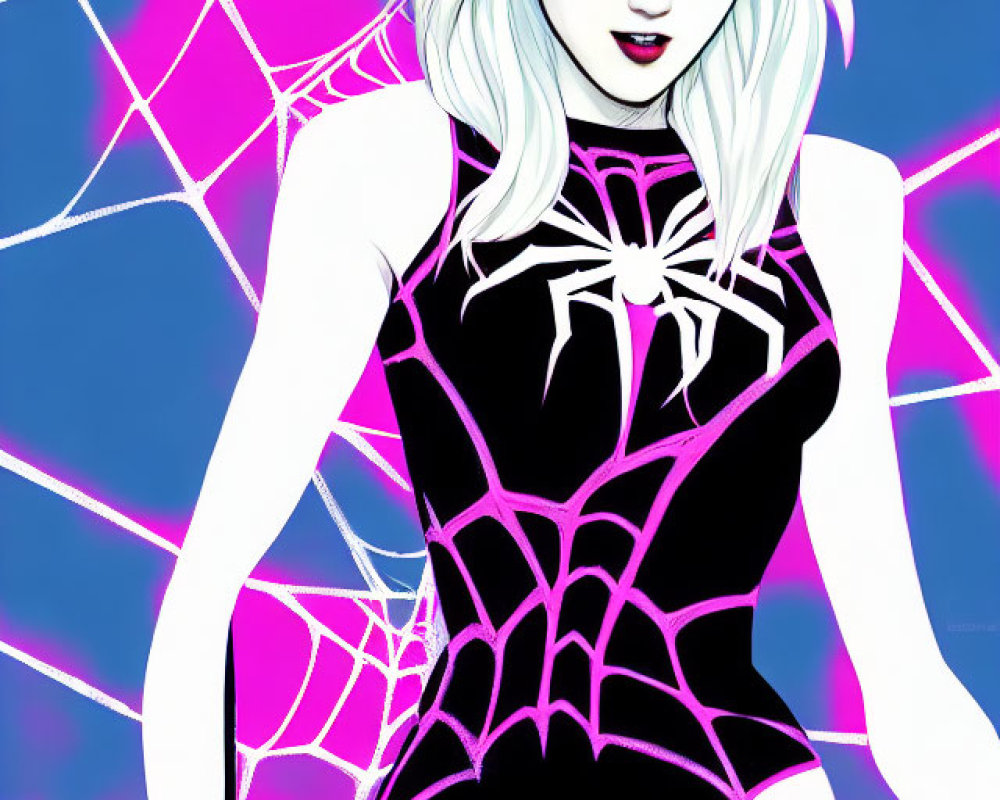 Female superhero with black and white costume and spider emblem on blue and pink webbed background