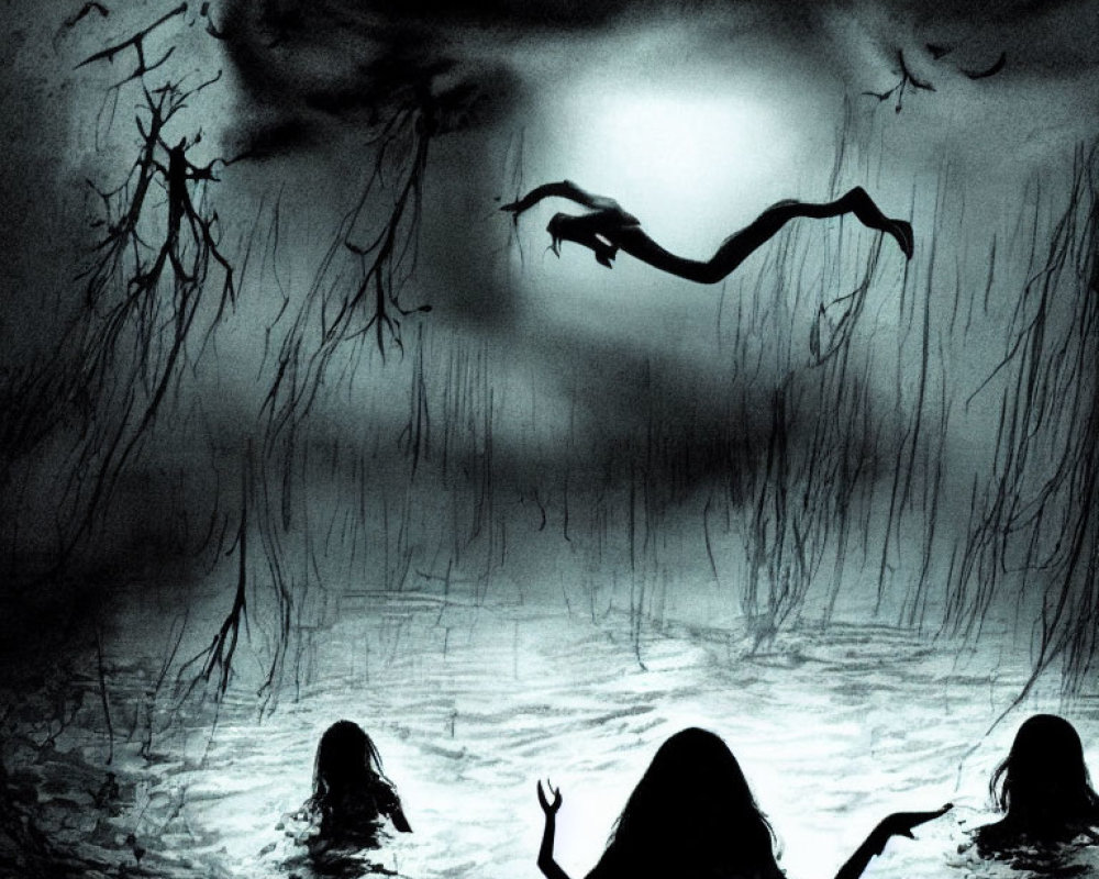 Ghostly Figure Above Misty Swamp with Eerie Moonlit Silhouettes