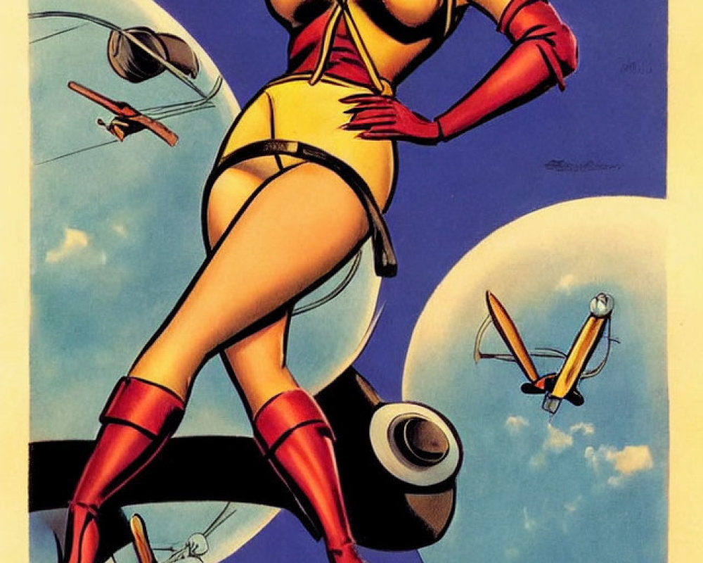 Stylized vintage poster of female pilot with airplanes and propeller