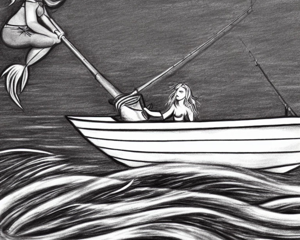 Pencil-drawn image: Two mermaids rowing boat and holding spear in swirling sea