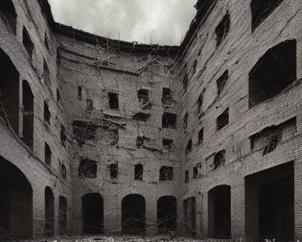 Decaying multi-story building with exposed brick and broken windows