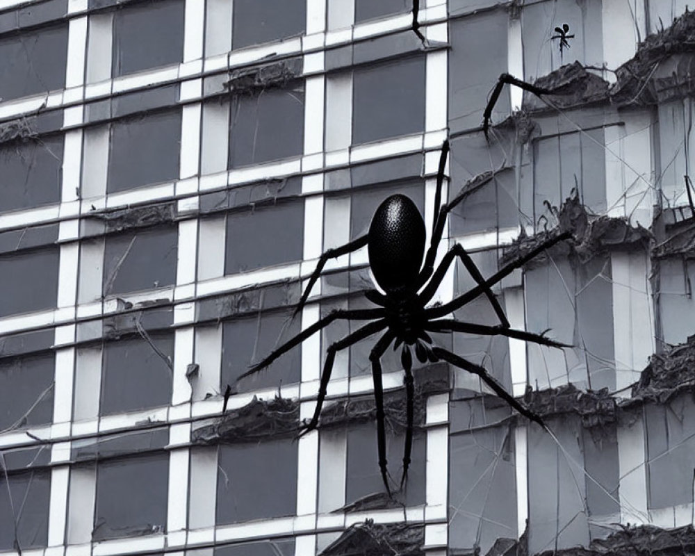 Black Spider Silhouette on Damaged Building Facade