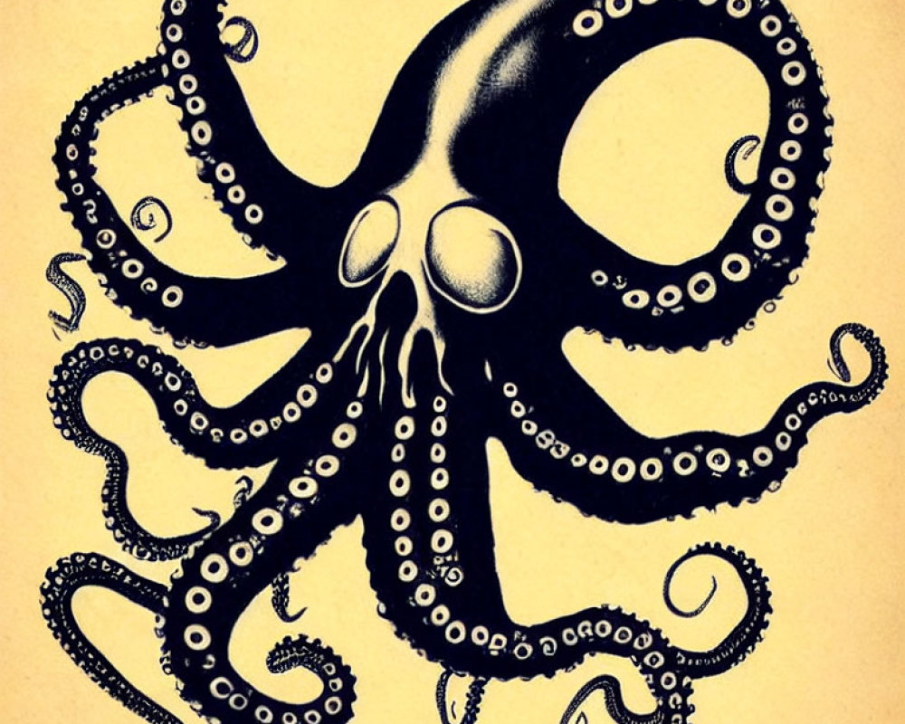 Detailed Octopus Illustration with Extended Tentacles on Sepia Background