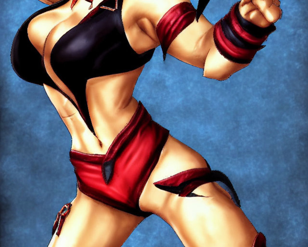 Digital Artwork: Fierce Female Character in Red and Black Costume