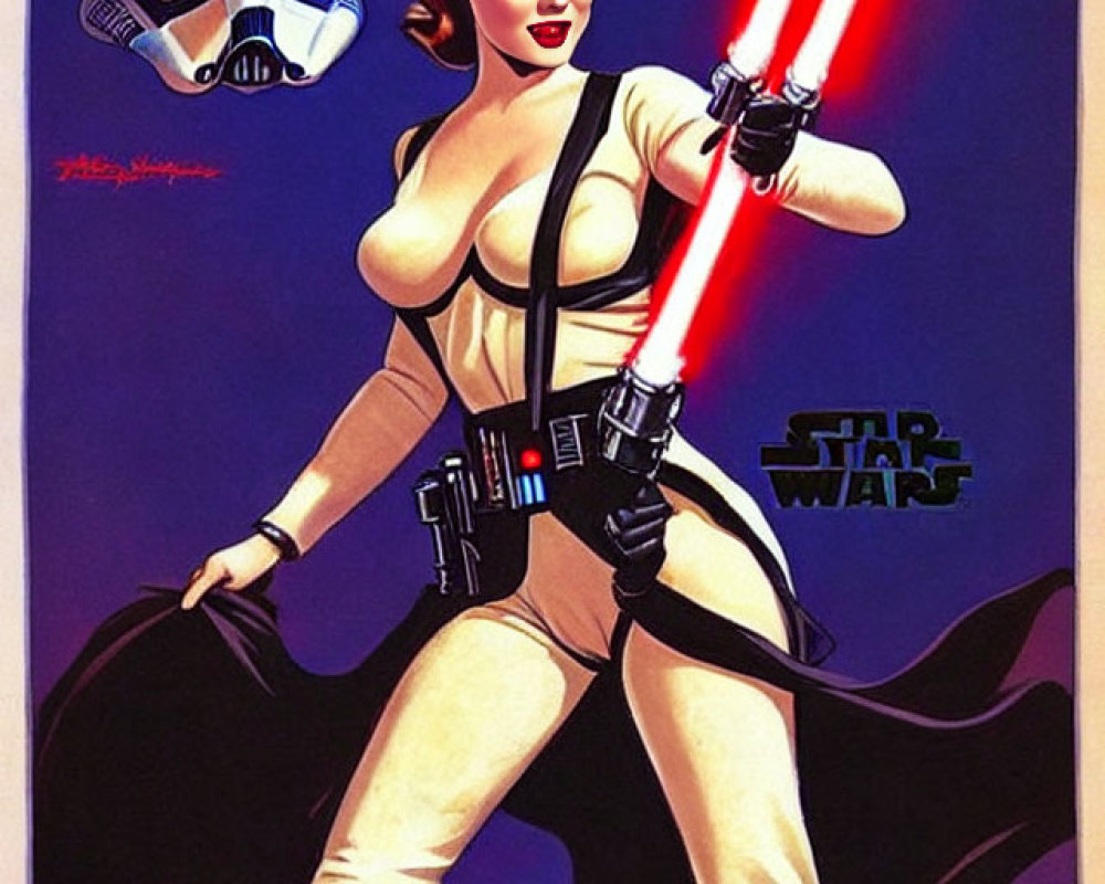 Stylized retro-futuristic poster with woman, lightsaber, and Stormtrooper helmet